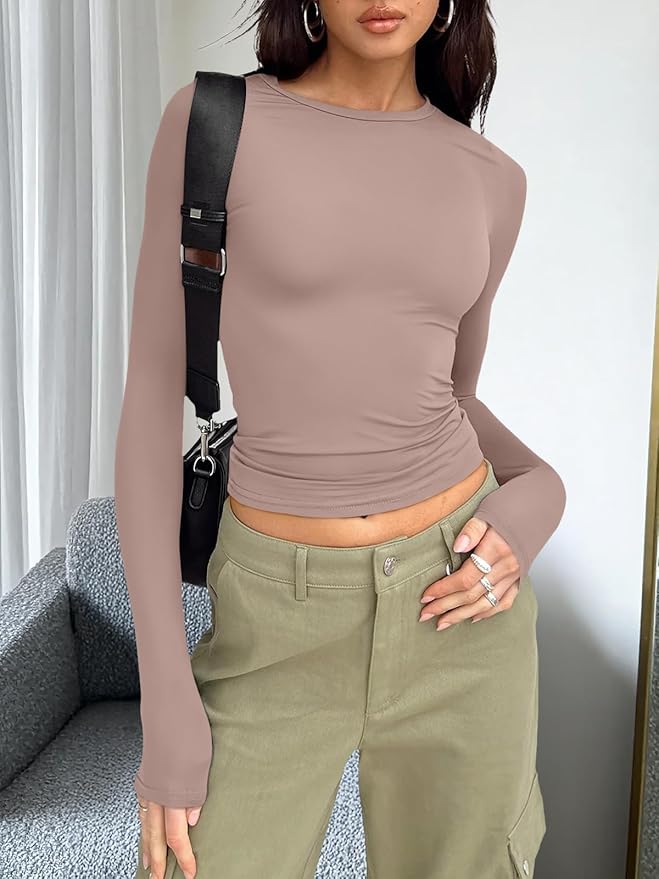 Trendy Queen Womens Long Sleeve T Shirts Fall Fashion 2026 Basic Crop Tops Going Out Outfits Y2k Clothes