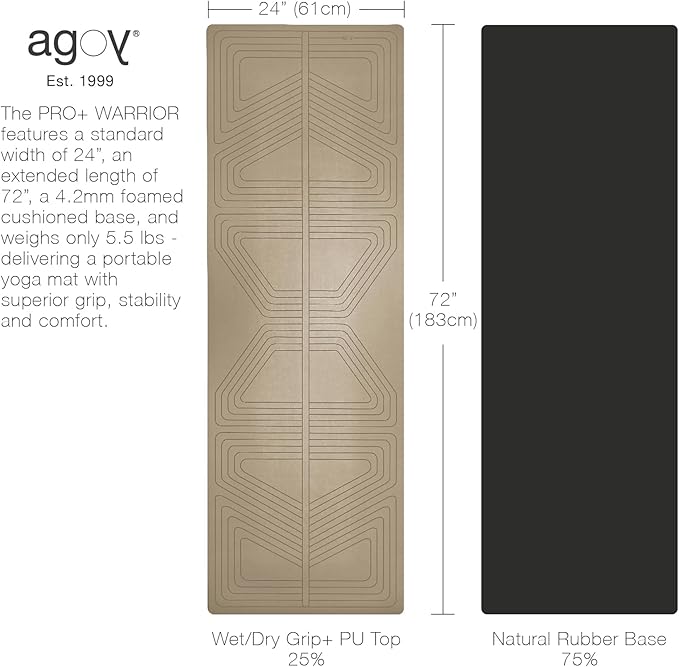 agoy PRO+ WARRIOR - Premium Non-Slip Yoga Mat – Eco-Conscious Design - PU Mat With Wet/Dry Grip+ - Focus Alignment - Lazer-Etched Technology - A Portable Standard Size Mat for All Styles of Yoga