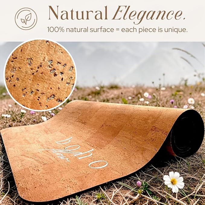 Deluxe Cork Yoga Mat – Gold, Coffee or Vegan Leather Cork Surface & Natural Rubber Base – Premium Natural & Eco Friendly Materials – Includes Signature Handmade Boho Bag