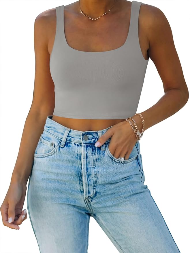 REORIA Women’s Sexy Square Neck Double Lined Seamless Sleeveless Cropped Tank Yoga Crop Basic Tops