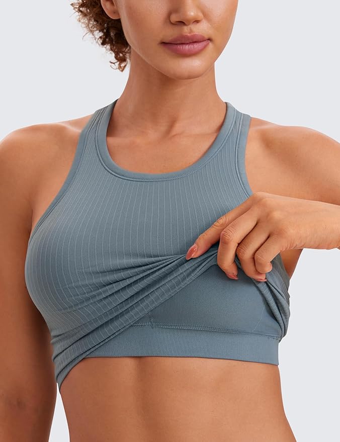 CRZ YOGA Seamless Ribbed High Neck Crop Tank Tops for Women - Longline Racerback Padded Sports Bras