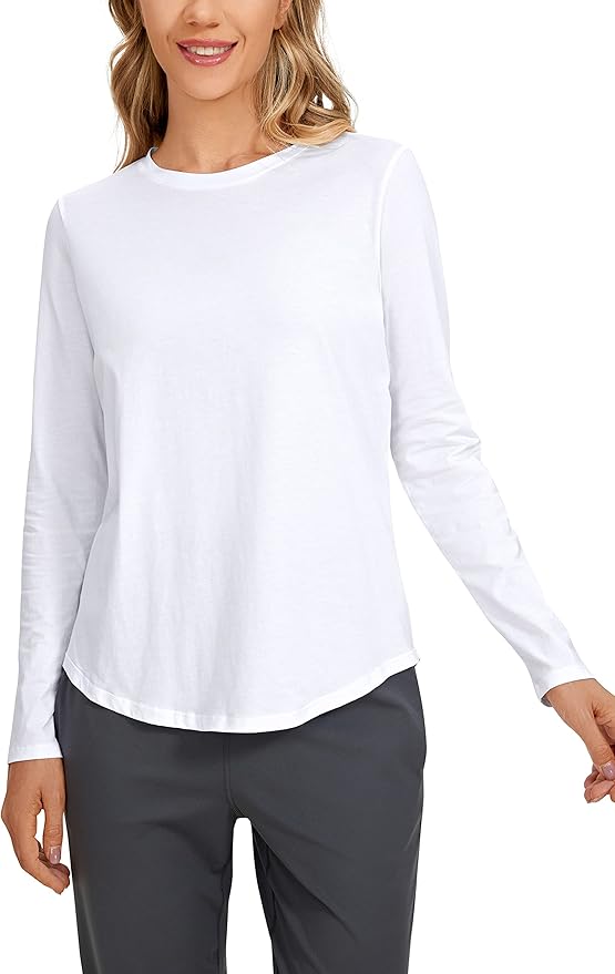 CRZ YOGA Pima Cotton Crewneck Long Sleeve Shirts for Women - Workout Athletic Yoga Casual Tops Soft Plain T-Shirt