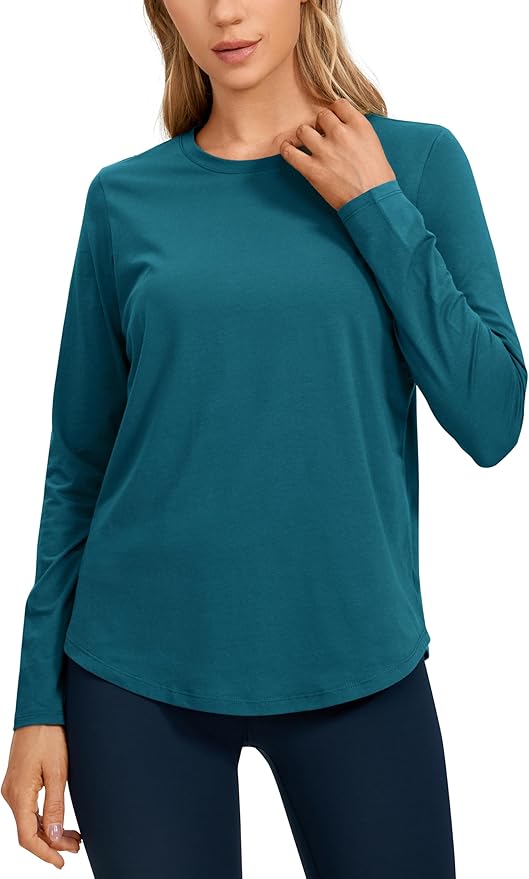 CRZ YOGA Pima Cotton Crewneck Long Sleeve Shirts for Women - Workout Athletic Yoga Casual Tops Soft Plain T-Shirt