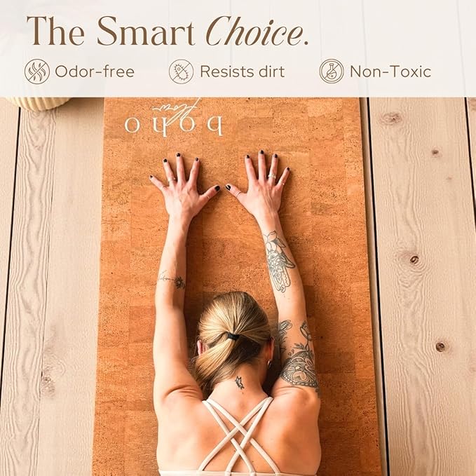 Deluxe Cork Yoga Mat – Gold, Coffee or Vegan Leather Cork Surface & Natural Rubber Base – Premium Natural & Eco Friendly Materials – Includes Signature Handmade Boho Bag