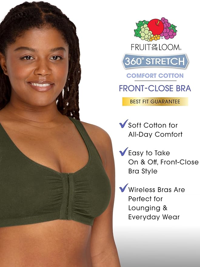 Fruit of the Loom Women's 96014PK Comfort Cotton Blend Front Close Sports Bra 2 Pack