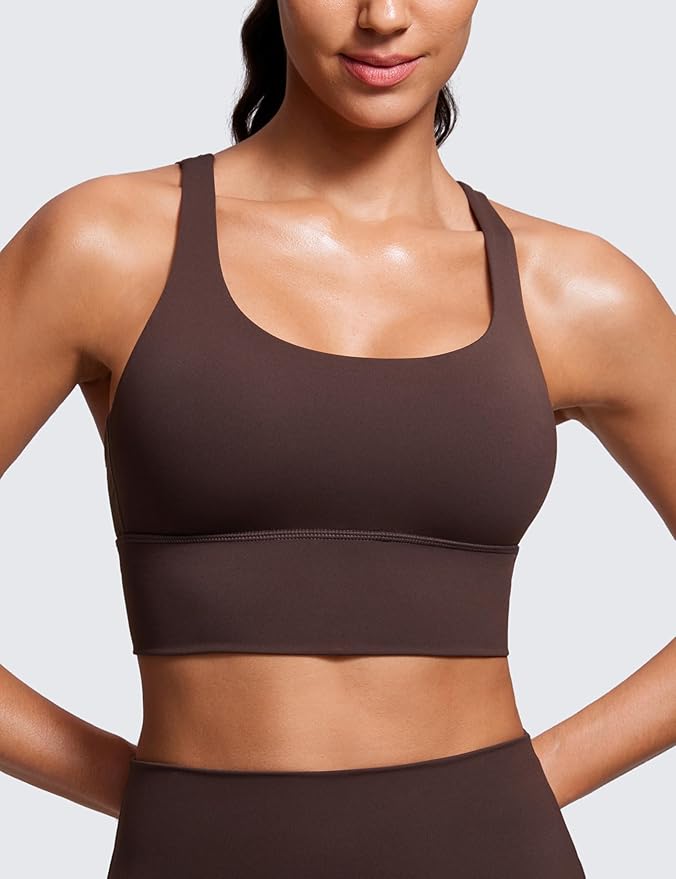 CRZ YOGA Naked Feeling Strappy Longline Sports Bras for Women - Medium Impact Criss Cross Yoga Padded Workout Crop Top