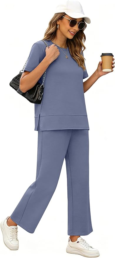 XIEERDUO Women's Side Slit Lounge Sets 2026 Fashion 2 Piece Travel Outfits Cozy Loungewear Wide Leg Tracksuits S-3XL