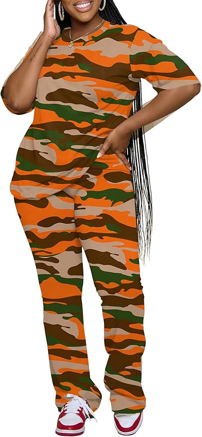 PINSV Women 2 Piece Outfits Short Sleeve Top and Flare Pants Lounge Sets Tracksuit