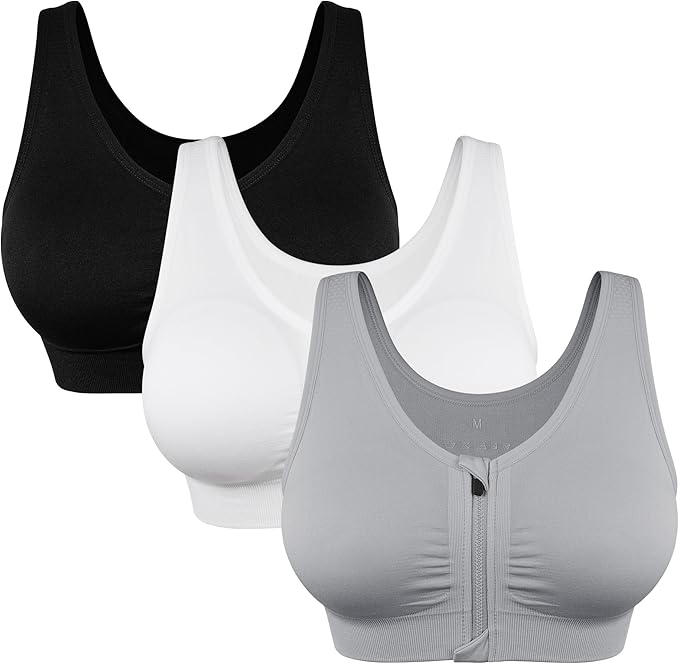 Women's Zip Front Sports Bra Wireless Post-Surgery Bra Active Yoga Sports Bras