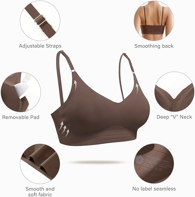 DEANGELMON V Neck Bra Padded Seamless Adjustable Straps Bralettes Everyday Basic Sleeping Bras Multiple Pack