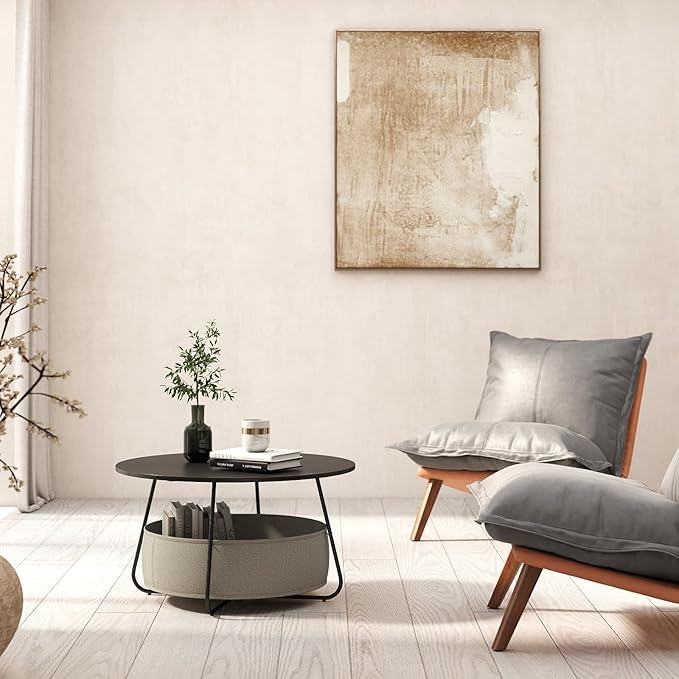 Manora Small Round Coffee Table for Living Room, Modern Center Table with Fabric Basket Storage, Cute Circle Table for Small Spaces, Metal Frame, Espresso