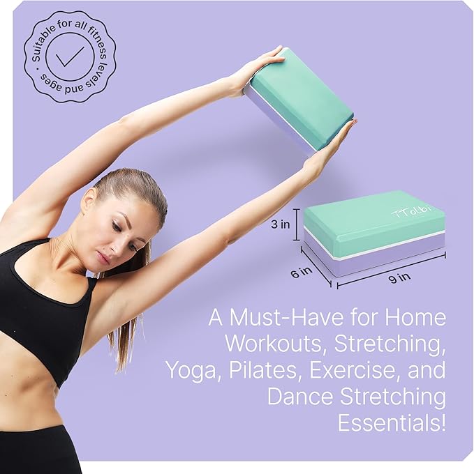 Yoga Blocks 2 Pack with Strap & Guide – Non-Slip EVA Foam Pilates Blocks for Home Workouts, Dance, Ballet, Gymnastics & Stretching Exercise | Ideal Dancer Gifts