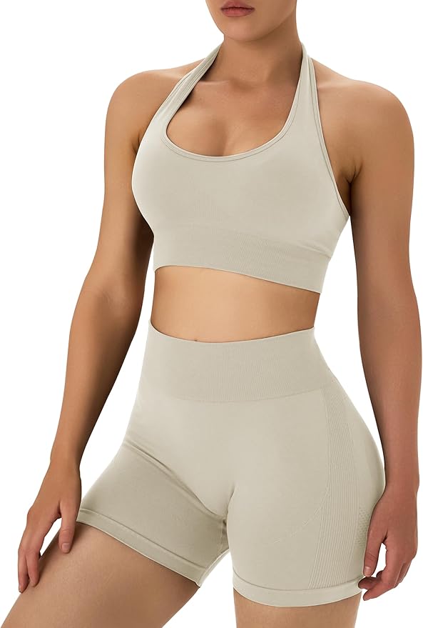 OLCHEE Workout Sets for Women 2 Piece Backless Halter Sports Bra High Waist Booty Shorts Yoga Gym Outfits Lounge Activewear