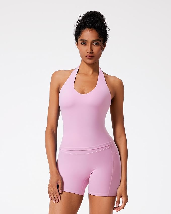 RXRXCOCO Halter Workout Sets for Women 2 Piece V Neck Tank Tops Hidden Scrunch Booty Shorts Gym Outfits with Pockets