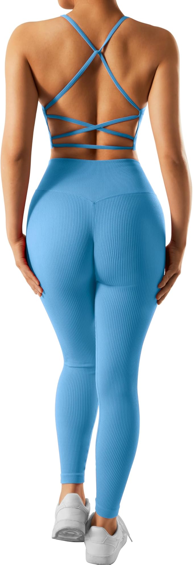 RXRXCOCO Ribbed Workout Sets for Women 2 Piece Backless Strappy Sports Bra Seamless Leggings Matching Set Yoga Outfits
