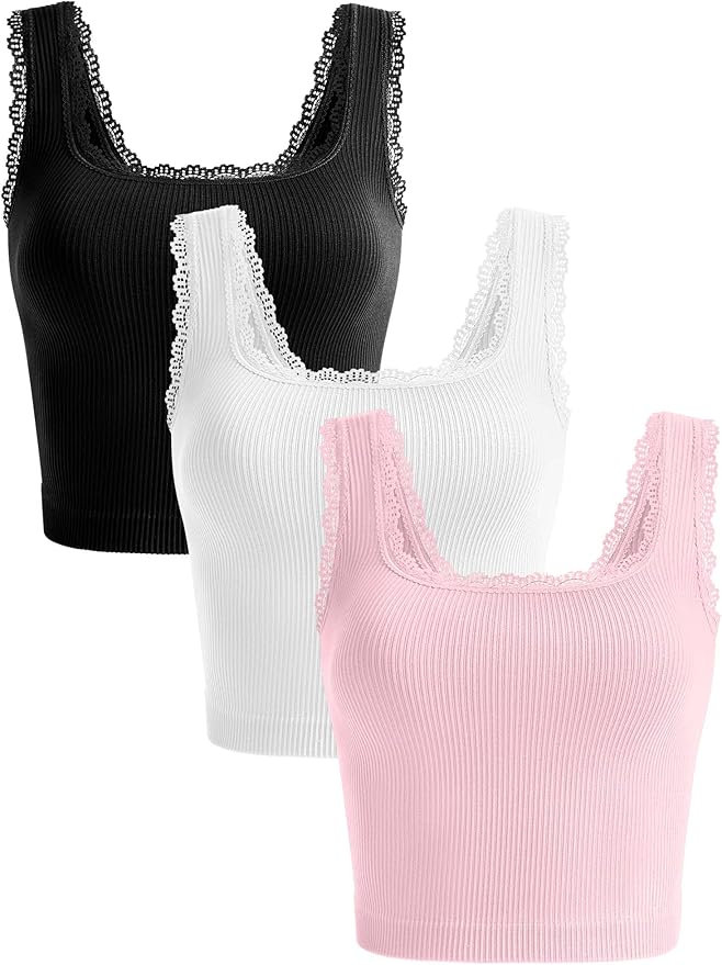 OLCHEE Womens 3 Pack Crop Tank Tops Basic Seamless Ribbed Sleeveless Square Neck Workout Top Summer Exercise Yoga Gym Shirts