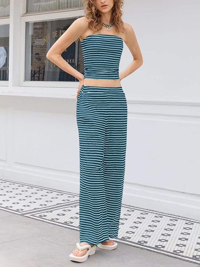 Tankaneo Womens Striped 2 Piece Sets Summer Strapless Crop Tube Tops Wide Leg Pants Matching Lounge Set Vacation Outfits