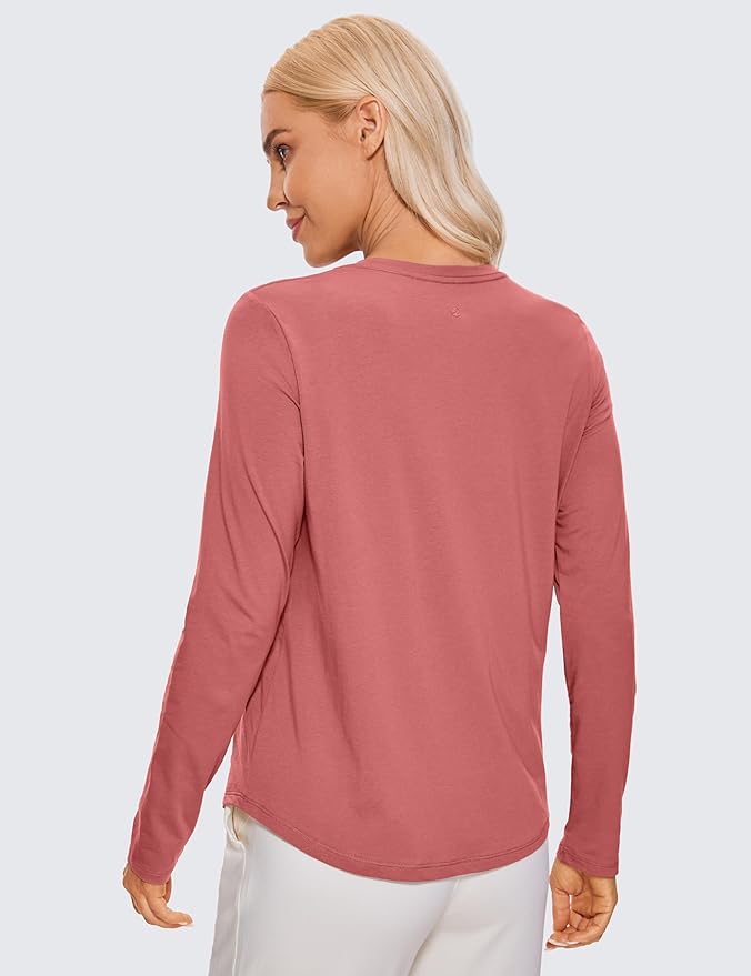 CRZ YOGA Pima Cotton Crewneck Long Sleeve Shirts for Women - Workout Athletic Yoga Casual Tops Soft Plain T-Shirt