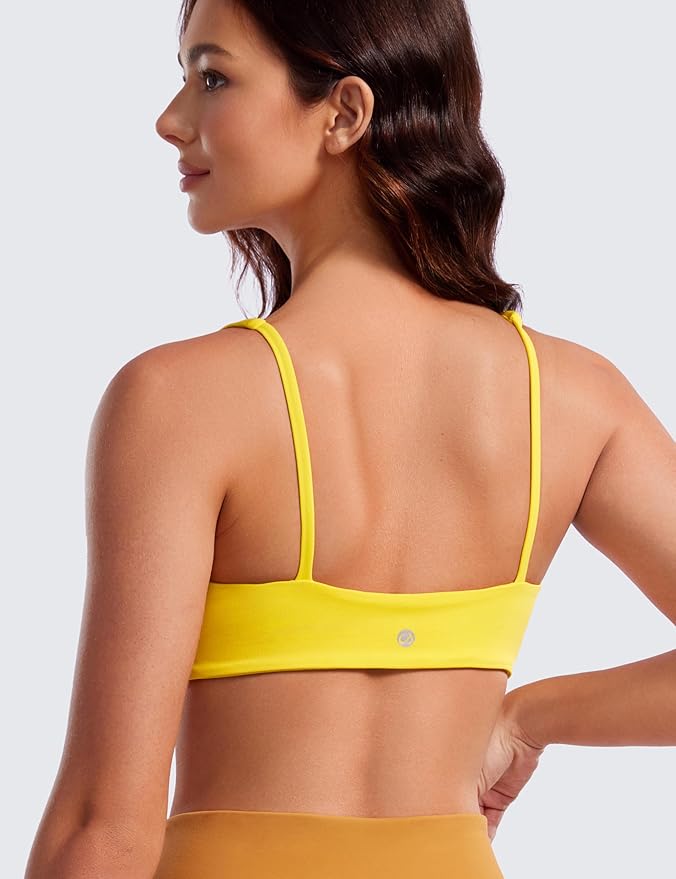 CRZ YOGA Butterluxe Square Neck Spaghetti Strap Sports Bras for Women - Low Coverage Yoga Wireless Padded Cami Crop Top