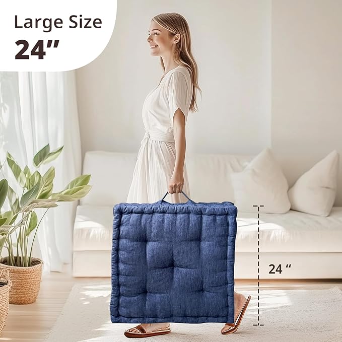 Intelligent Design Large Floor Pillow for Adults Yoga or Meditation Cushion with Handle, Floor Cushion for Board Games, Lustrous Chenille Tufted, Handsewn Scalloped Edge, Azza, 24" x 24" x 5" Navy