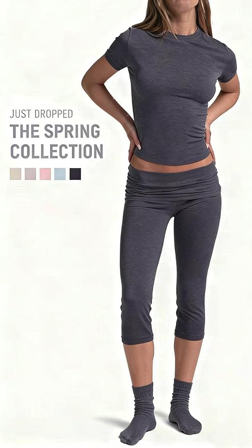 YETOWA Womens 2 Piece Workout Sets High Waisted Tummy Control Crop Top Capri Leggings Stretchy Soft Activewear