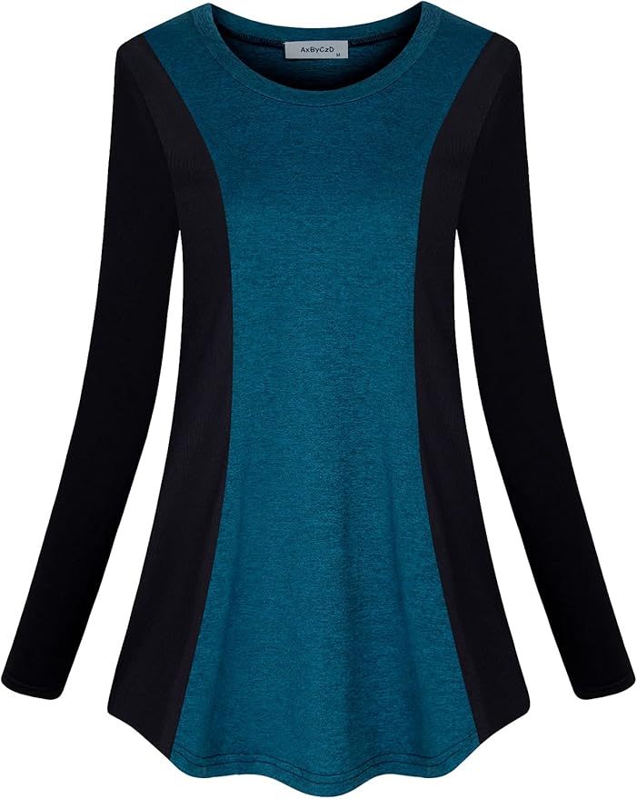 Womens Crewneck Long Sleeve Athletic Shirts Color Block Trendy Casual Workout Tops