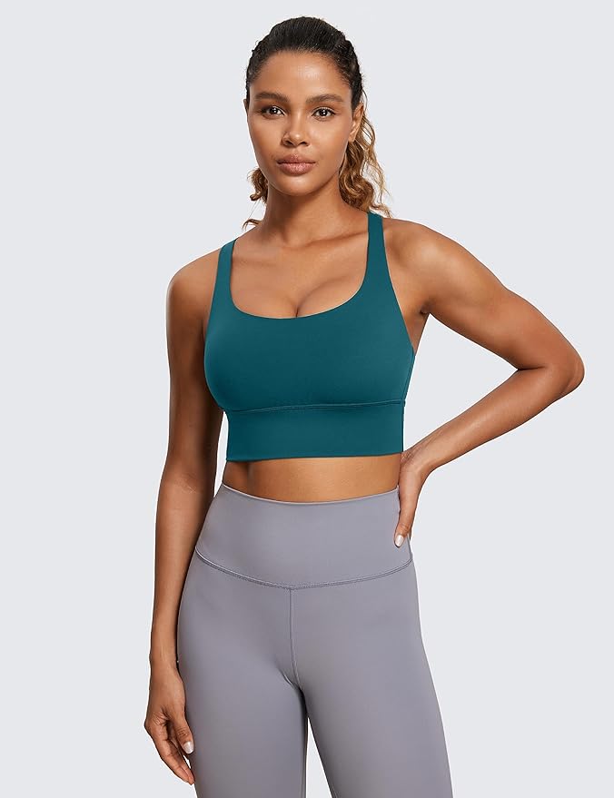 CRZ YOGA Naked Feeling Strappy Longline Sports Bras for Women - Medium Impact Criss Cross Yoga Padded Workout Crop Top