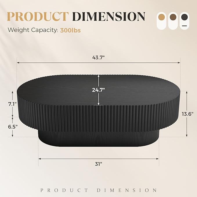 YOUDENOVA 43.7” Oval Coffee Table, Modern Wood Fluted Coffee Table for Living Room, Veneer Handcrafted Relief Center Table with Sturdy Pedestal，Easy Assembly - Black
