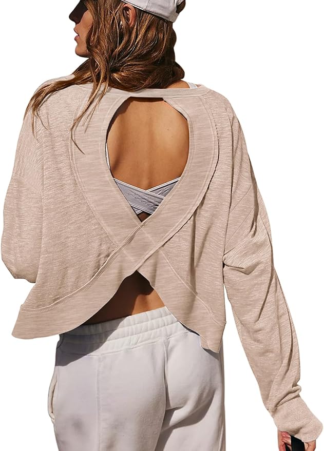 LASLULU Womens Open Back Long Sleeve Workout Tops Athletic Shirts Boat Neck Casual Running Tee Y2k Yoga Gym Tops