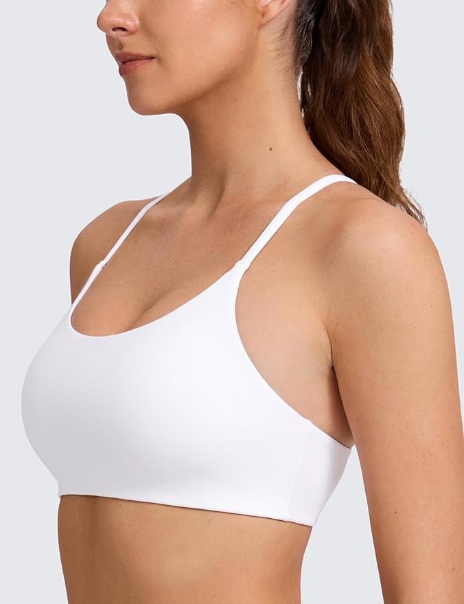 CRZ YOGA Butterlift Double Lined V Back Sports Bras for Women - Scoop Neck Spaghetti Strap Wireless Yoga Top Non Padded