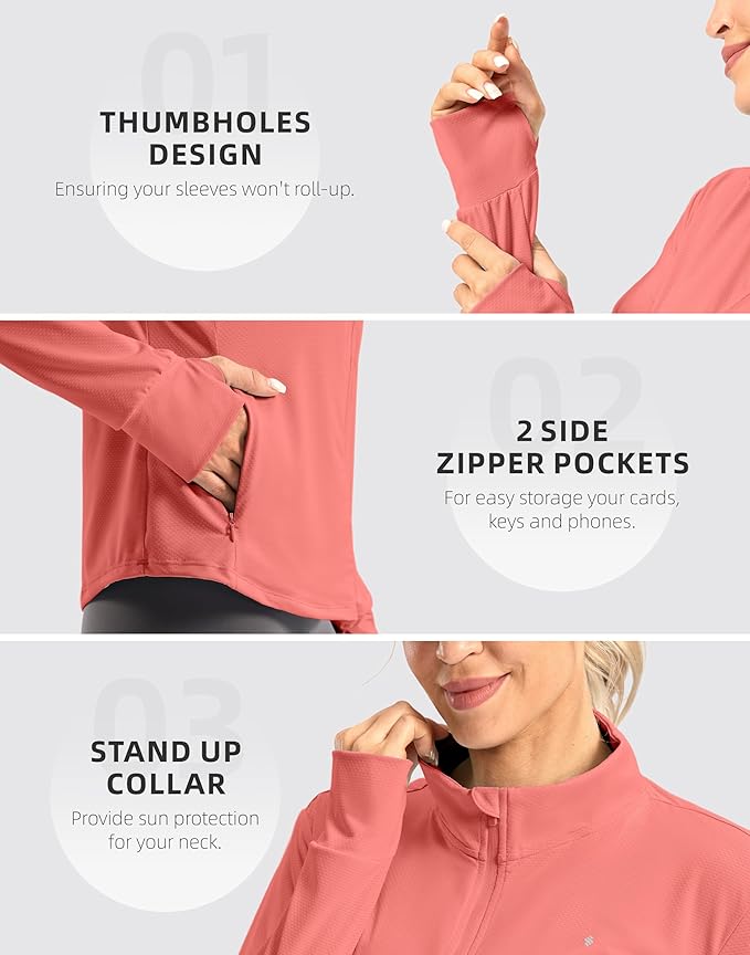 Soothfeel Women's UPF 50+ Lightweight Athletic Jackets Sun Protection Zip Up Long Sleeve Shirts Hiking Workout Outdoor Pocket