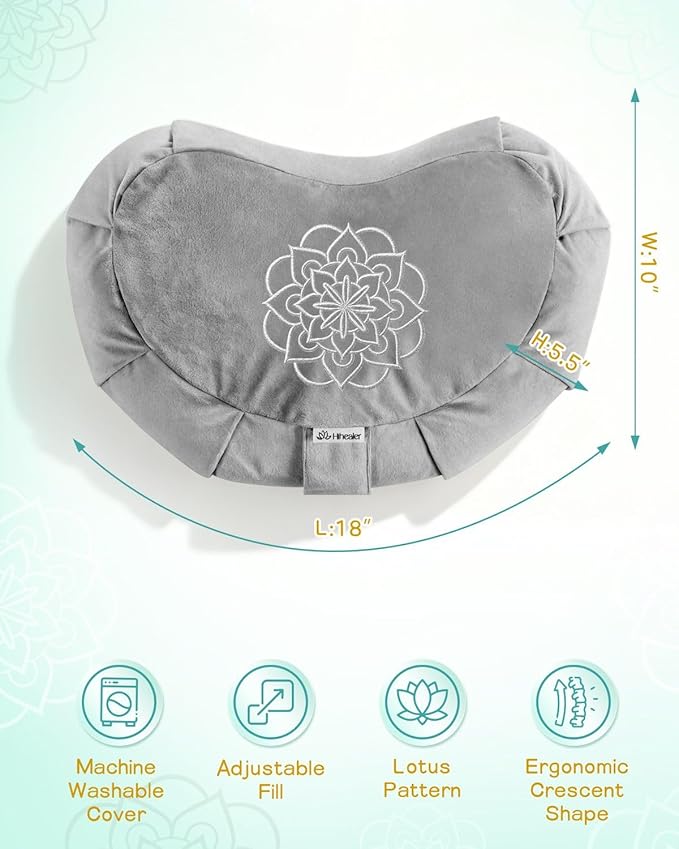 Hihealer Premium Meditation Cushion - Comfortable Floor Pillow for Adult Traditional Crescent Meditation Pillow Yoga Buckwheat Bolster (Grey)