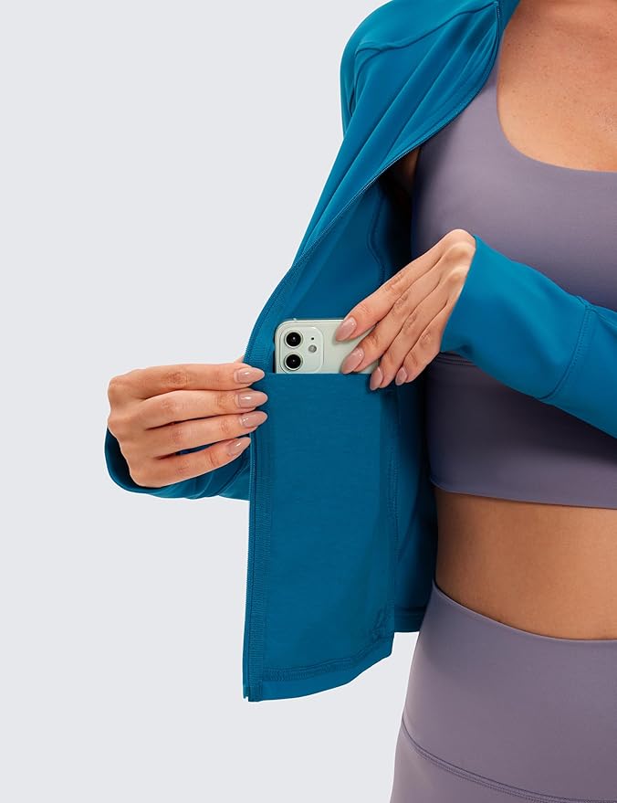 CRZ YOGA Butterluxe Waist Length Jackets for Women - Full Zip Athletic Track Tops with Thumb Holes Pockets