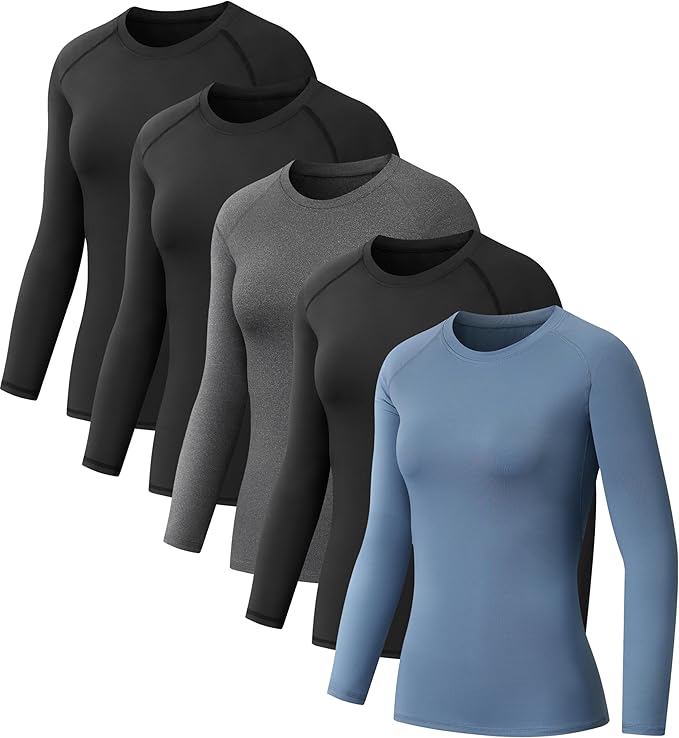NebuKinex 5 Pack Women's Compression Shirt Long Sleeve Workout Tops Athletic Baselayer Quick Dry Gym Yoga Running T-Shirt