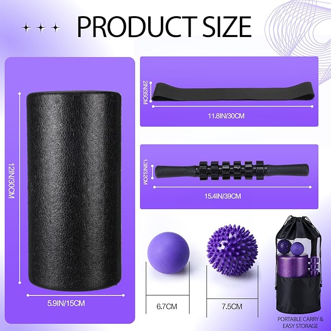 Soulchen 12 Pcs Foam Roller Set - 6 in 1 Deep Muscle Recovery Kit Includes Back Roller, Massage Ball, Muscle Stick, Fasciitis Ball, Stretch Strap & Bag for Body Physical Exercise Therapy, 2 Set