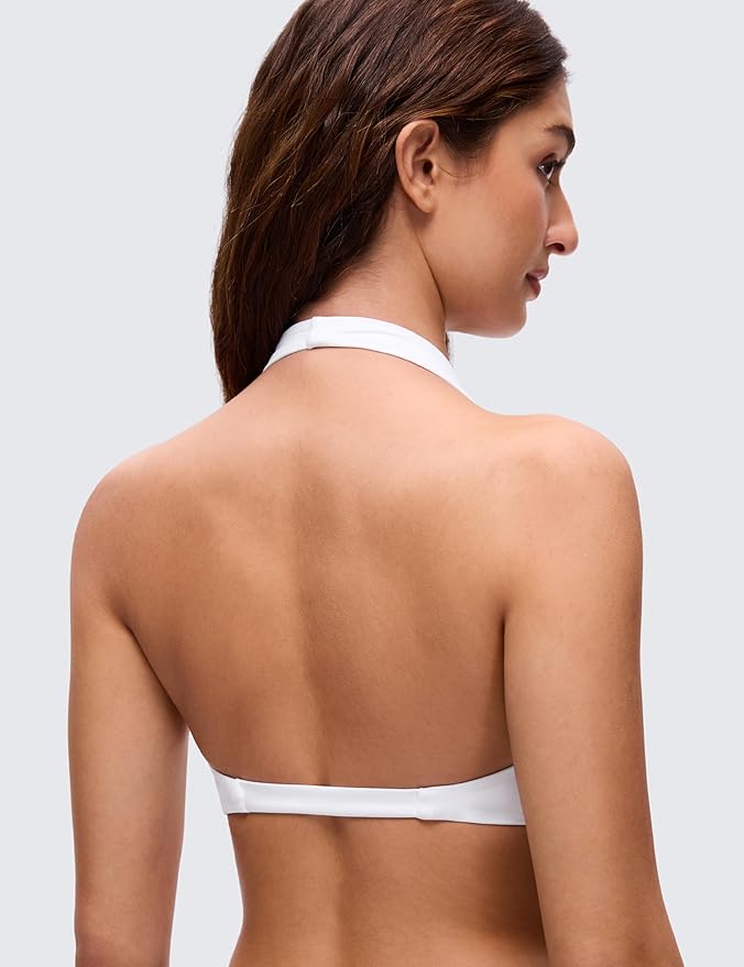 CRZ YOGA Butterluxe Double Lined Twist Halter Sports Bras for Women - Deep V Neck Crop Top Casual Open Back Non Padded