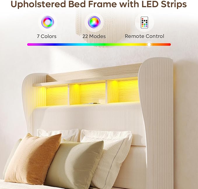 Bestier Queen Size Upholstered Wingback Bed Frame with 51” High Headboard Corduroy Fabric RGB LED Lights, Charging Station Dual Storage Shelves Modern Off White Platform Bed No Box Spring Needed