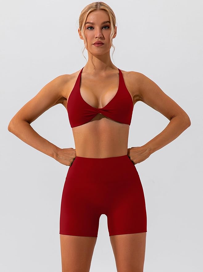 ABOCIW Workout Sets for Women 2 Piece Twist Front Halter Sports Bras High Waist Biker Shorts Exercise Gym Yoga Outfit