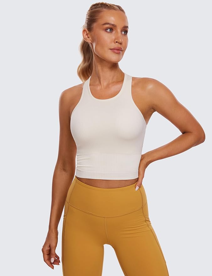CRZ YOGA Seamless Ribbed High Neck Crop Tank Tops for Women - Longline Racerback Padded Sports Bras
