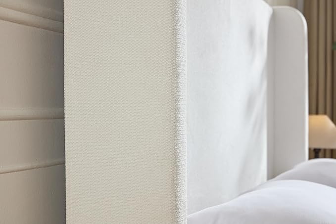 Queen Size Upholstered Bed Frame, 54" High Headboard Carmen Wingback Bed Frames, Tall Headboard Floor Platform Beds, No Box Spring Needed No Noise, Simplicity Minimalist, Cream White
