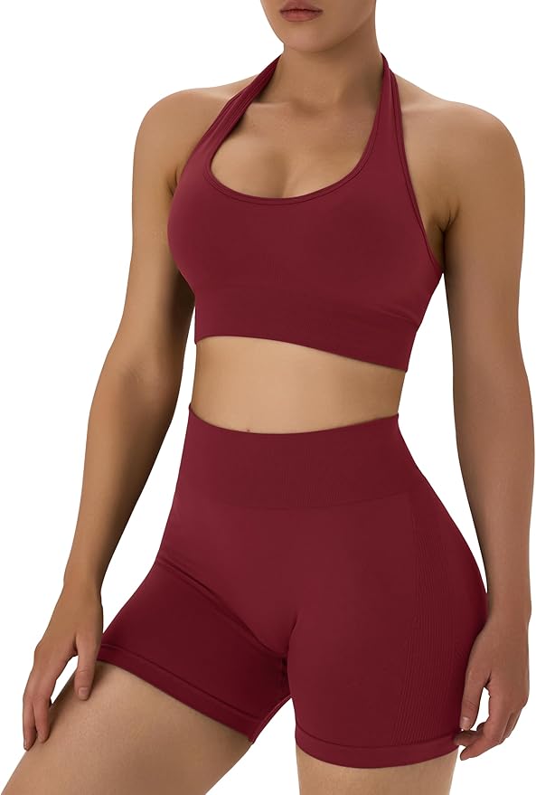 OLCHEE Workout Sets for Women 2 Piece Backless Halter Sports Bra High Waist Booty Shorts Yoga Gym Outfits Lounge Activewear