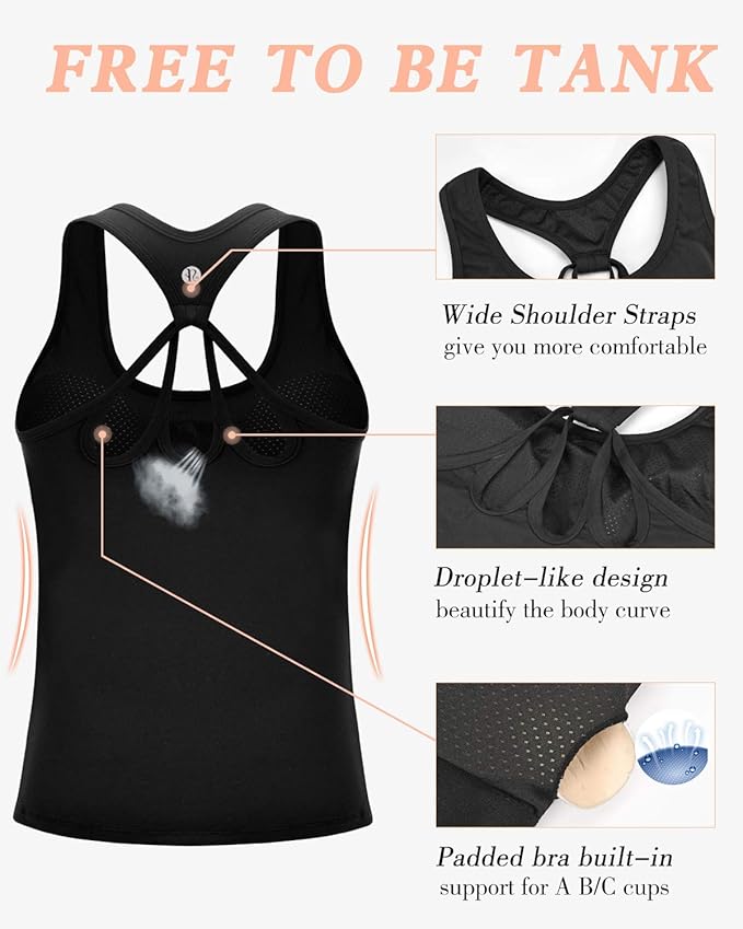 RUNNING GIRL Workout Tank Tops with Built in Bras for Women,Compression Shirt Strappy Back Athletic Yoga Tops