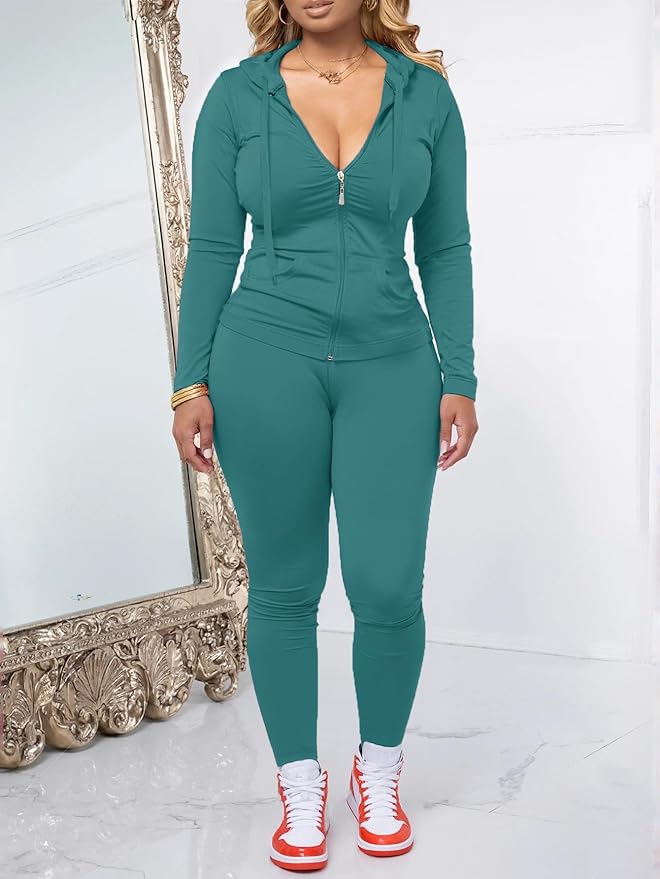 AUXDIO Women 2 Piece Outfits Casual Workout Sets Bodycon Tracksuit Zip Up Long Sleeve Hoodle Jacket Jogger Pants Set
