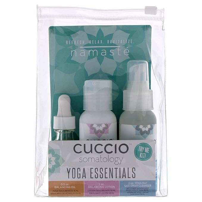 cuccio SOMATOLOGY Yoga Essentials Kit - All-In-One Calming, Hydrating, Cleansing Ritual - Energizing Bergamot Orange Oil - Balancing Chamomile Lotion - Yoga Mat Sani Spray Cleanser - 3 Pieces,16 Ounce