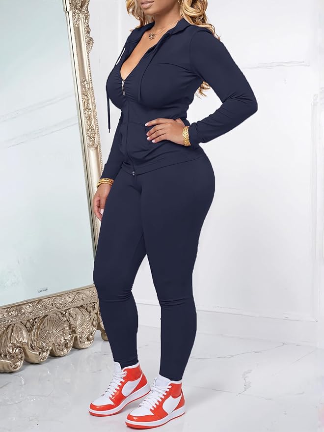 AUXDIO Women 2 Piece Outfits Casual Workout Sets Bodycon Tracksuit Zip Up Long Sleeve Hoodle Jacket Jogger Pants Set