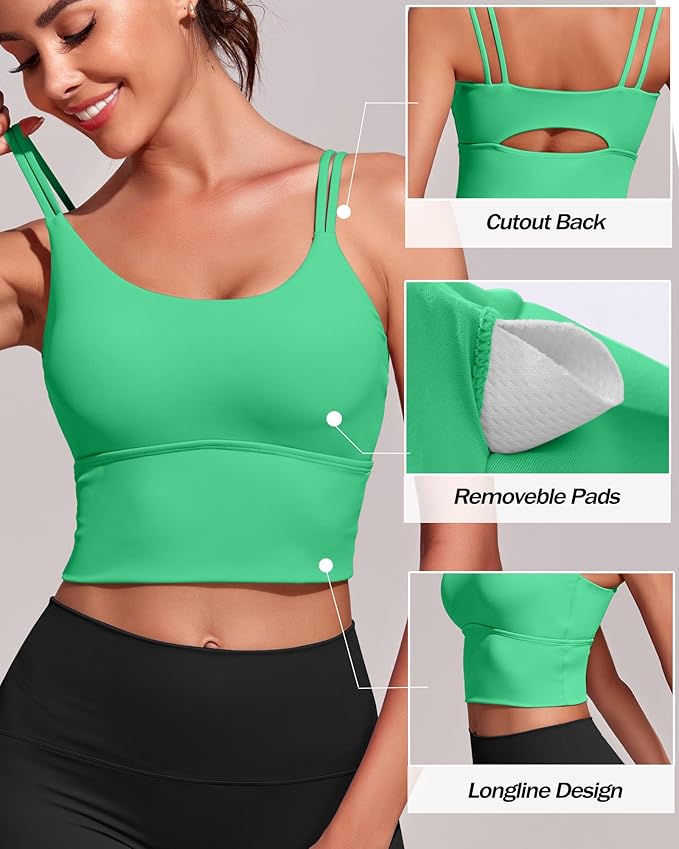 Everrysea Sports Bras for Women High Support Longline Workout Tank Tops Built in Bra Strappy Yoga Padded Crop Top