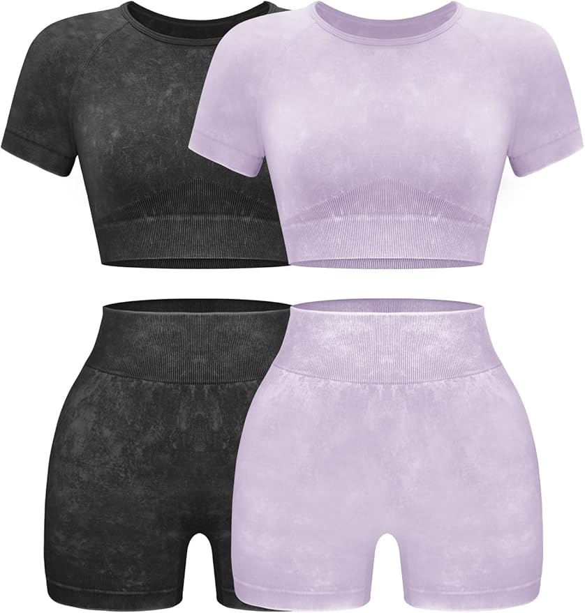 OLCHEE Womens Workout Sets 2 Piece - Seamless Acid Wash Yoga Outfits Shorts and Crop Top Matching Gym Athletic Clothing Set