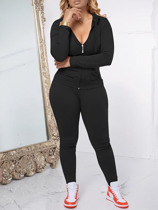 AUXDIO Women 2 Piece Outfits Casual Workout Sets Bodycon Tracksuit Zip Up Long Sleeve Hoodle Jacket Jogger Pants Set