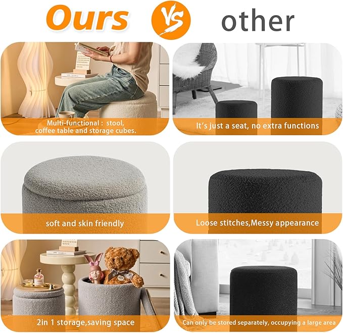 BLEXA Round Ottoman with Storage Set of 2 - Upholstered Sherpa Vanity Stool for Makeup Multifunctional Ottomans Coffee Table Padded Seat Foot Rest for Living Room & Bedroom (Sherpa Gray)