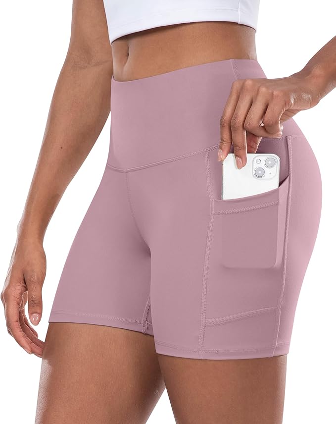 CHRLEISURE Womens Biker Yoga Shorts with Pocket, High Waisted Tummy Control 5 Inch Workout Spandex Athletic Gym Shorts